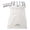 Metal fruit picking head with wide prongs attached to a durable cotton collection bag, designed for harvesting apples, pears, cherries, and plums in farm, garden, and orchard settings.