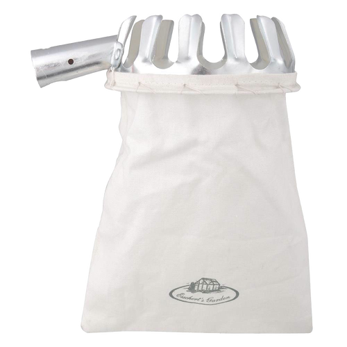 Metal fruit picking head with wide prongs attached to a durable cotton collection bag, designed for harvesting apples, pears, cherries, and plums in farm, garden, and orchard settings.