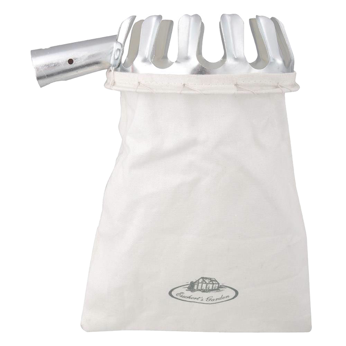 Metal fruit picking head with wide prongs attached to a durable cotton collection bag, designed for harvesting apples, pears, cherries, and plums in farm, garden, and orchard settings.