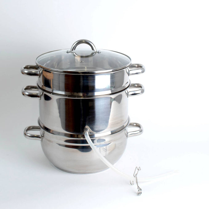 Polished stainless steel 11 qt steam juicer with glass lid, leak-proof spout, and side handles, designed for stovetop use in Kitchen & Food, Juicers and Steamers, Best Sellers, and Promo Eligible collections.