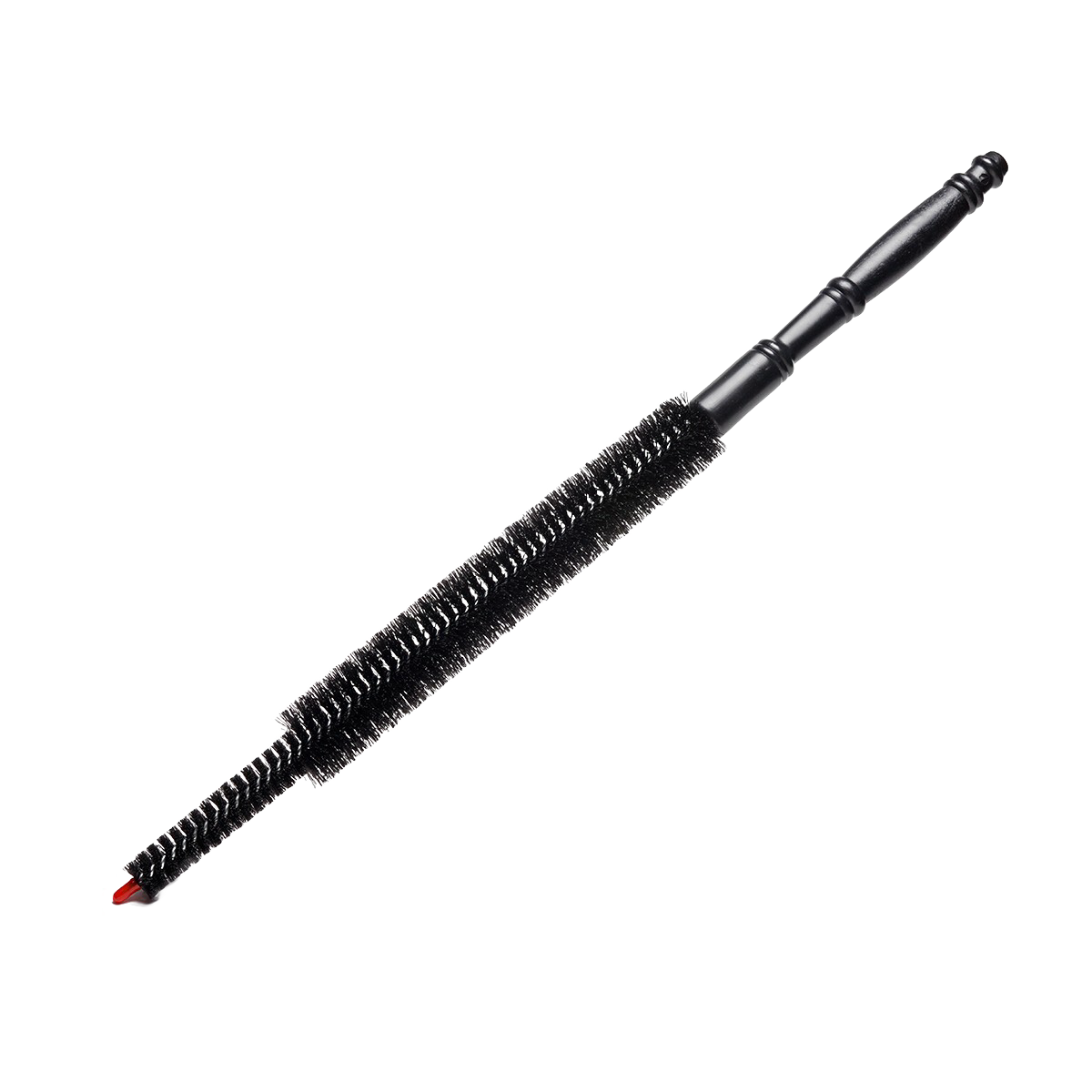 Long black coil cleaning brush with tapered bristles and turned handle, designed for effective dust removal from refrigerator coils, part of USA Made and Household Cleaning collections.