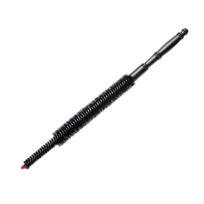 Long black coil cleaning brush with tapered bristles and turned handle, designed for effective dust removal from refrigerator coils, part of USA Made and Household Cleaning collections.