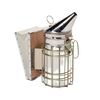Handcrafted stainless steel beekeeping smoker with suede leather bellows and protective wire grid, designed for safe use in farm, garden, animal care, and beekeeping tool collections.