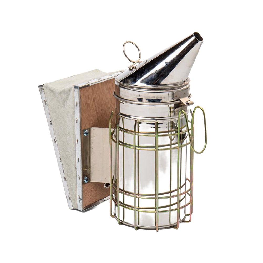 Handcrafted stainless steel beekeeping smoker with suede leather bellows and protective wire grid, designed for safe use in farm, garden, animal care, and beekeeping tool collections.