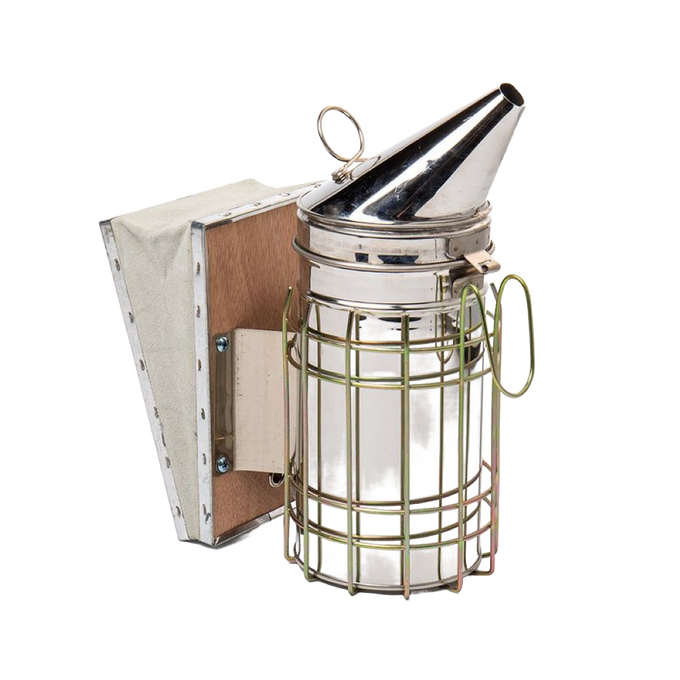 Handcrafted stainless steel beekeeping smoker with suede leather bellows and protective wire grid, designed for safe use in farm, garden, animal care, and beekeeping tool collections.