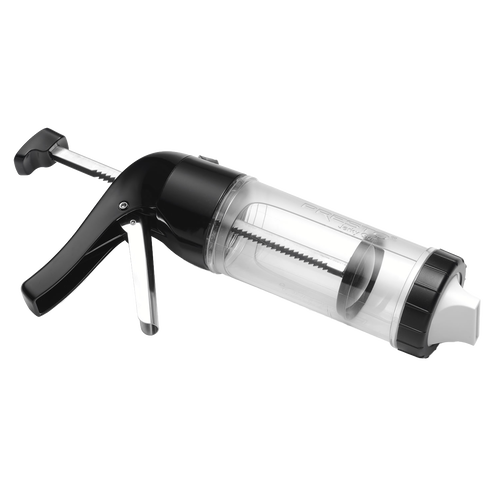 Clear plastic jerky gun with black handle and stainless steel rod, designed for easy dispensing of seasoned ground meat, ideal for Kitchen & Food and Food Preservation collections.