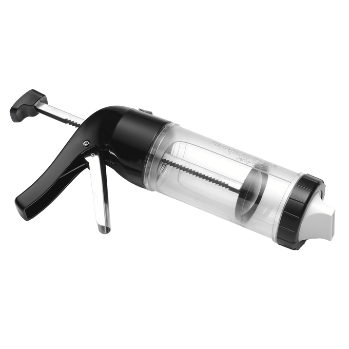 Clear plastic jerky gun with black handle and stainless steel rod, designed for easy dispensing of seasoned ground meat, ideal for Kitchen & Food and Food Preservation collections.