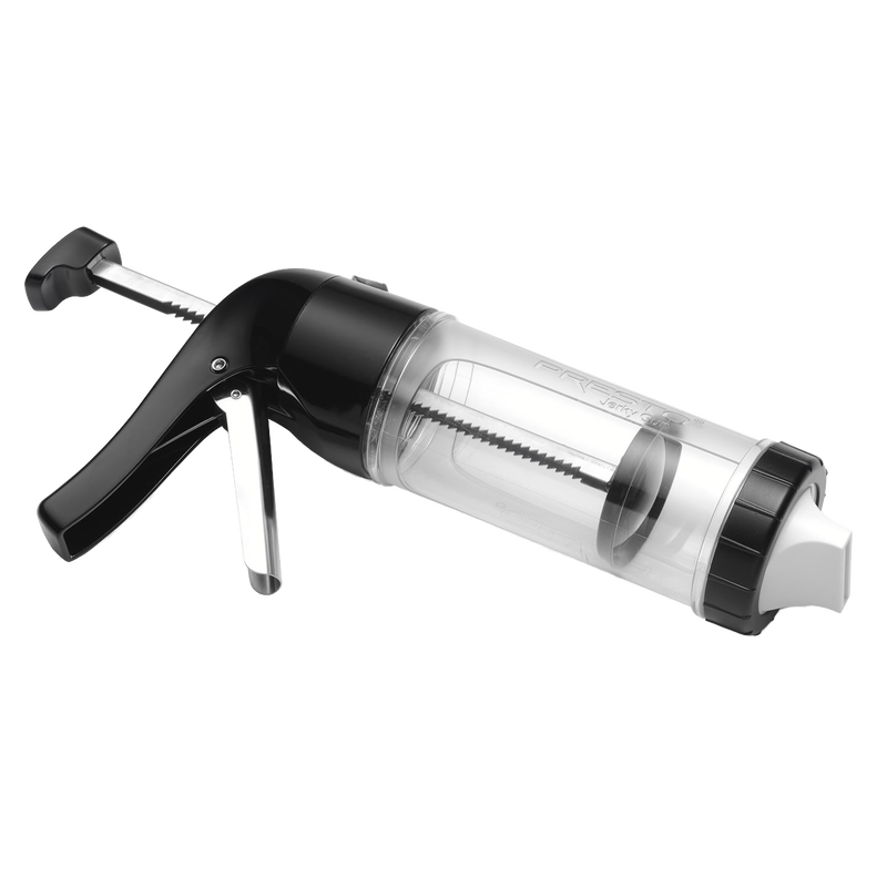 Clear plastic jerky gun with black handle and stainless steel rod, designed for easy dispensing of seasoned ground meat, ideal for Kitchen & Food and Food Preservation collections.