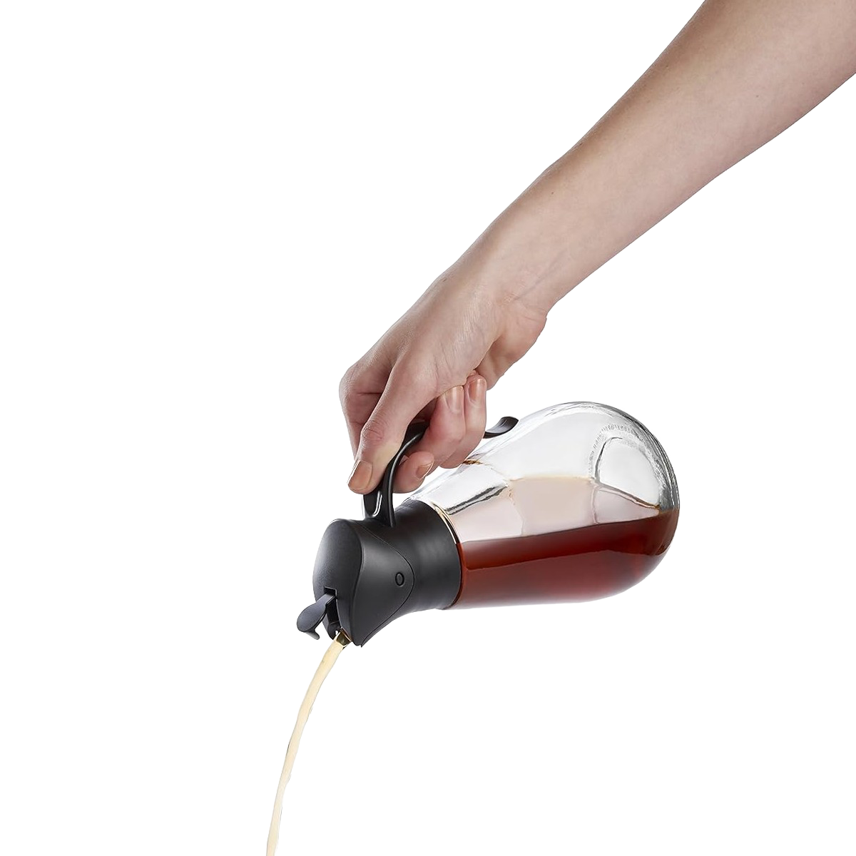 Clear glass syrup dispenser with black gravity lid pouring syrup smoothly, designed for easy storage and serving, featured in Kitchen & Food, Storage and Serving, and Best Sellers collections.