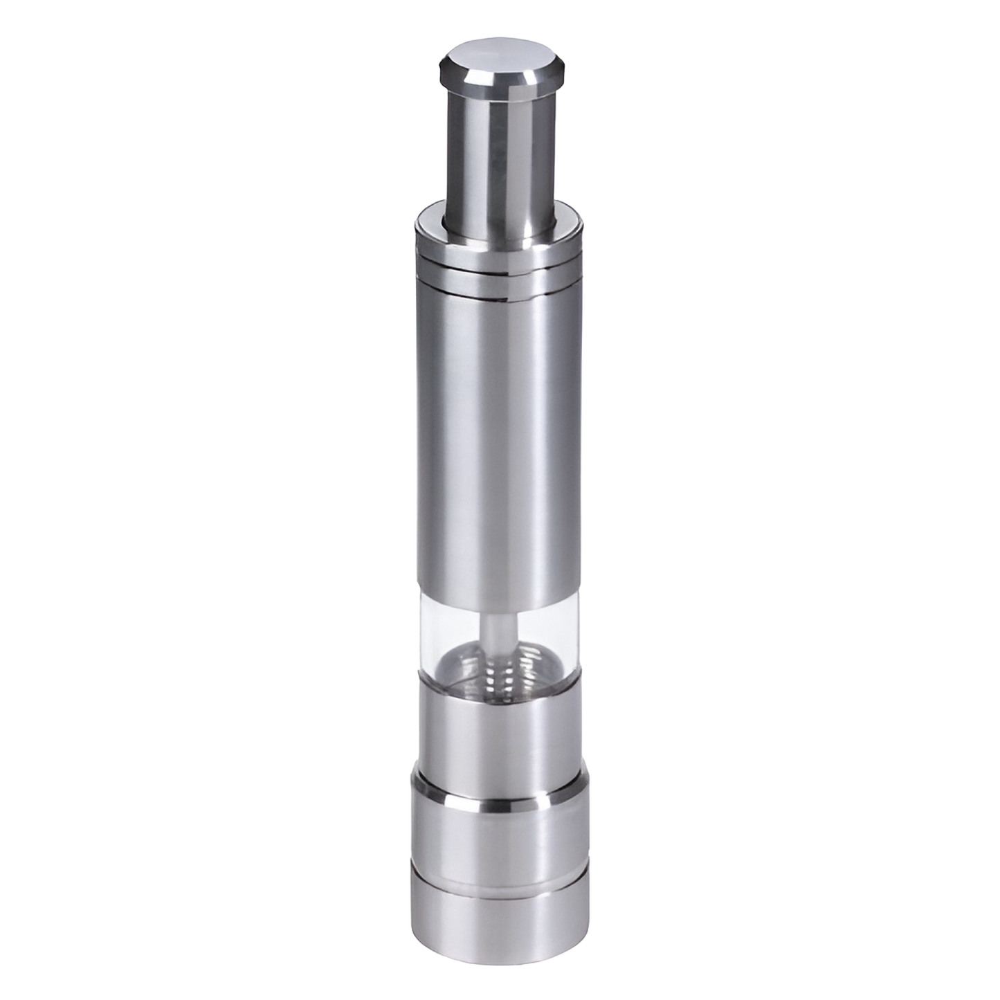 Sleek stainless steel pepper mill designed for easy one-handed grinding, featuring a clear window to view peppercorns, perfect for kitchen gadgets and pantry accessories.