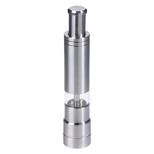 Sleek stainless steel pepper mill designed for easy one-handed grinding, featuring a clear window to view peppercorns, perfect for kitchen gadgets and pantry accessories.