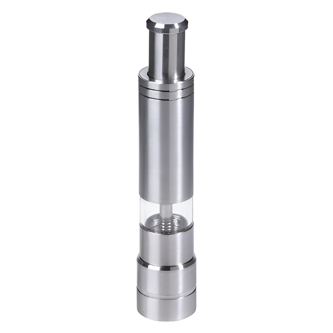 Sleek stainless steel pepper mill designed for easy one-handed grinding, featuring a clear window to view peppercorns, perfect for kitchen gadgets and pantry accessories.