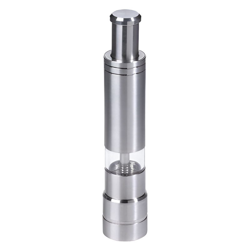 Sleek stainless steel pepper mill designed for easy one-handed grinding, featuring a clear window to view peppercorns, perfect for kitchen gadgets and pantry accessories.