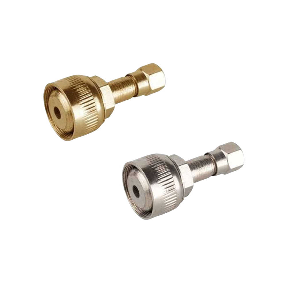 Two metal pump adapters in brass and silver finishes, designed for use with pressure lamps, suitable for Lamps & Lighting and Parts and Accessories collections.
