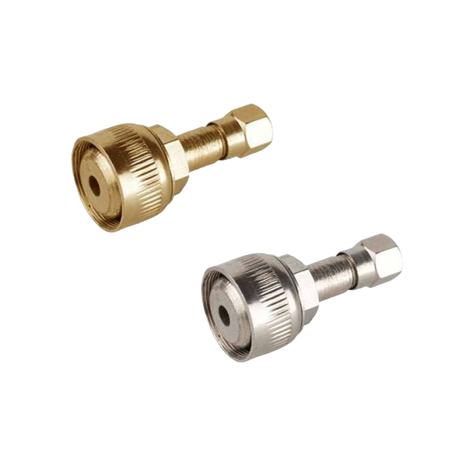 Two metal pump adapters in brass and silver finishes, designed for use with pressure lamps, suitable for Lamps & Lighting and Parts and Accessories collections.