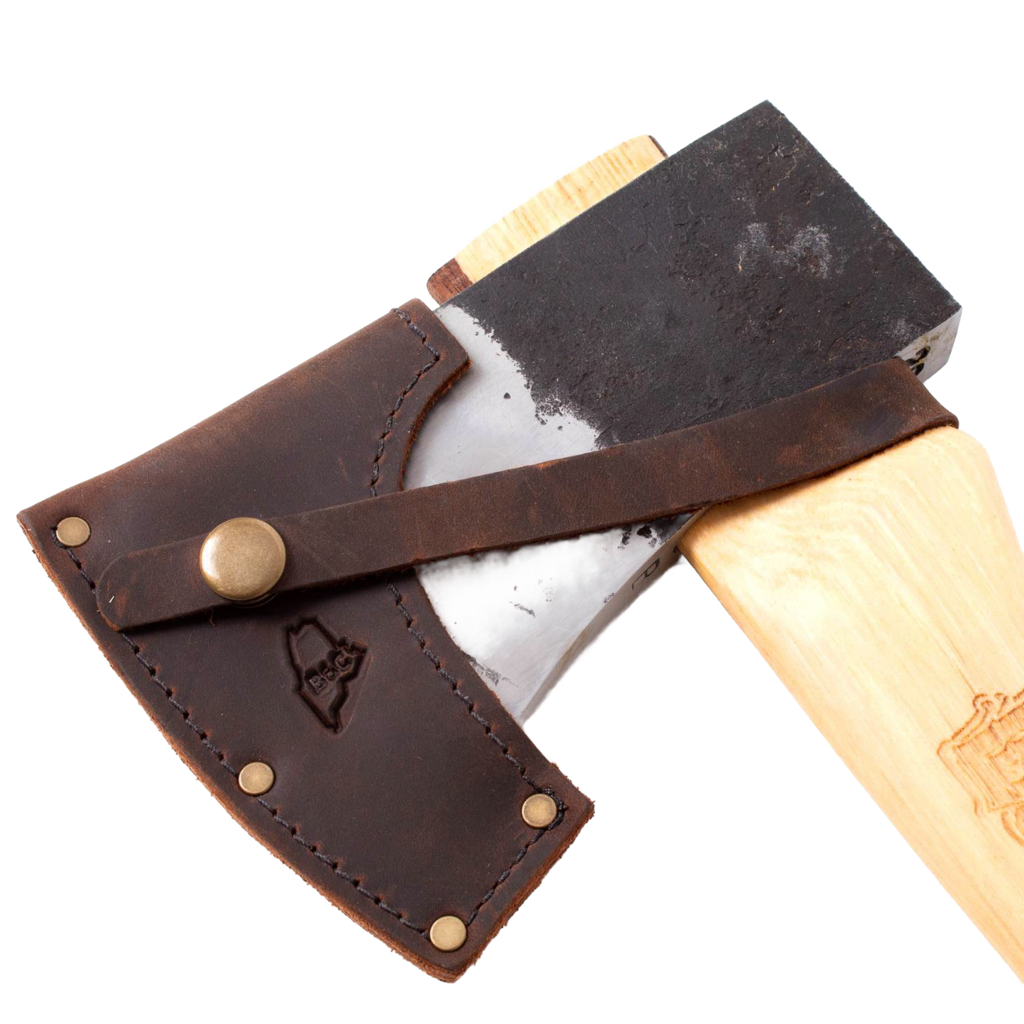 Handcrafted small woodsman's axe with a sharp carbon steel head, Amish-made hickory handle, and protective brown leather sheath, featured in Farm, Garden & Tool and USA Made collections.