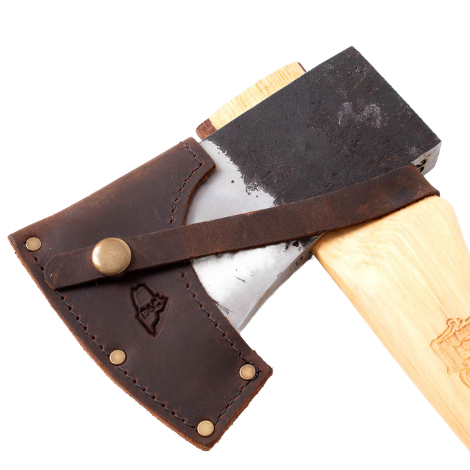 Handcrafted small woodsman's axe with a sharp carbon steel head, Amish-made hickory handle, and protective brown leather sheath, featured in Farm, Garden & Tool and USA Made collections.