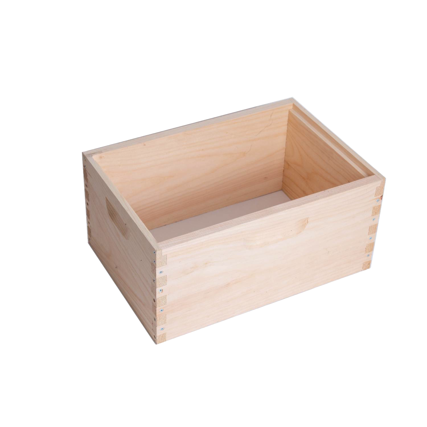 Lightweight wooden bee box with dovetail joints and handle cutouts, handcrafted by an Amish family, ideal for beekeeping supplies and farm, garden, and tool collections.