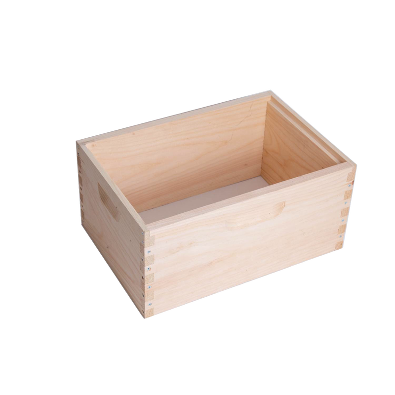 Lightweight wooden bee box with dovetail joints and handle cutouts, handcrafted by an Amish family, ideal for beekeeping supplies and farm, garden, and tool collections.