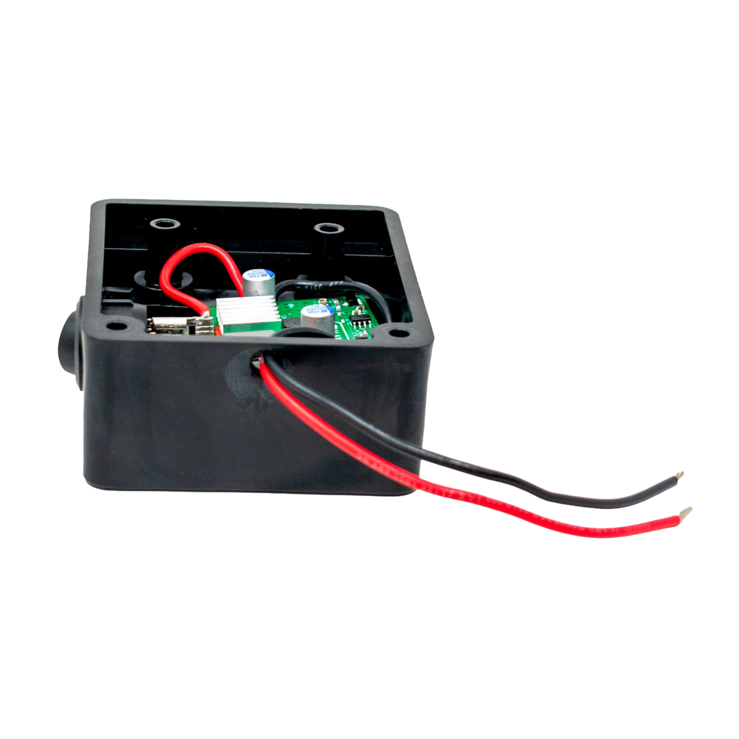 Black battery adapter box with internal circuitry and red and black wiring, compatible with Milwaukee and DeWalt batteries, designed for use in Lamps & Lighting, Battery, Solar, LED collections.
