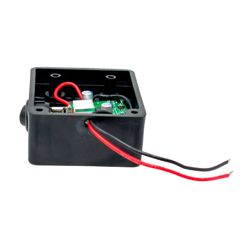 Black battery adapter box with internal circuitry and red and black wiring, compatible with Milwaukee and DeWalt batteries, designed for use in Lamps & Lighting, Battery, Solar, LED collections.