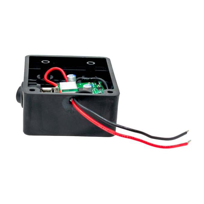 Black battery adapter box with internal circuitry and red and black wiring, compatible with Milwaukee and DeWalt batteries, designed for use in Lamps & Lighting, Battery, Solar, LED collections.