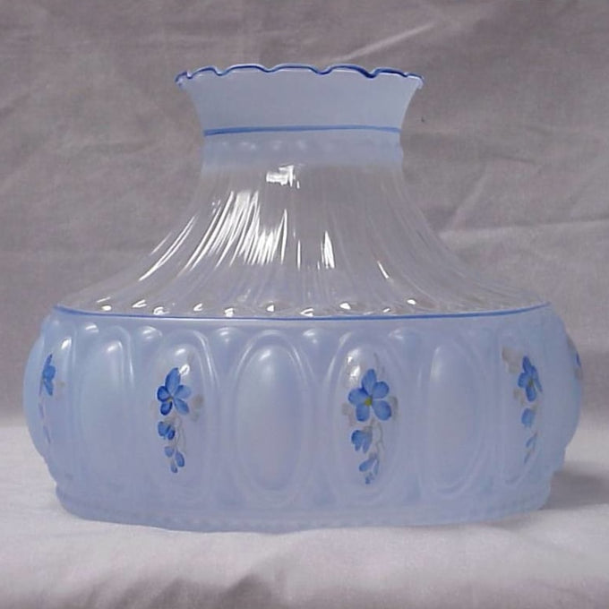 Light blue glass oil lamp shade with frosted oval patterns and hand-painted small blue floral accents, featuring a gently ruffled top edge, part of Lamps & Lighting, Lamp Shades, Parts and Accessories, Best Sellers, and Promo Eligible collections.