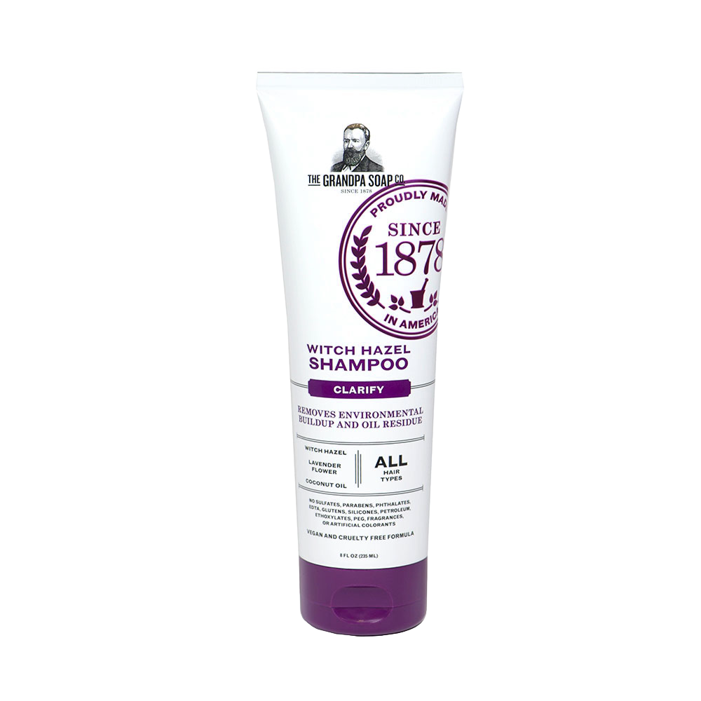 Tube of handcrafted witch hazel shampoo with lavender and coconut oil, designed for gentle daily use to clarify and remove buildup, featured in Health & Wellness and Grooming collections.