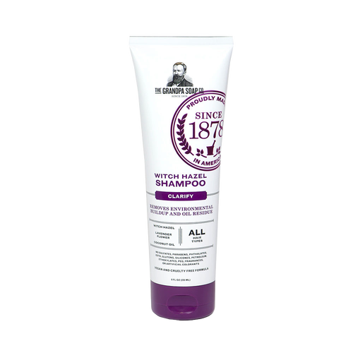 Tube of handcrafted witch hazel shampoo with lavender and coconut oil, designed for gentle daily use to clarify and remove buildup, featured in Health & Wellness and Grooming collections.