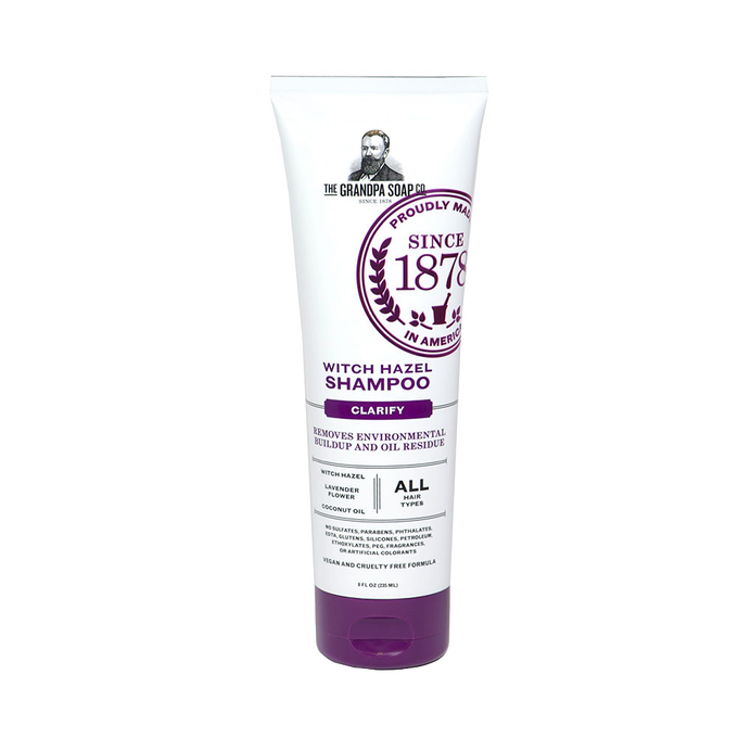 Tube of handcrafted witch hazel shampoo with lavender and coconut oil, designed for gentle daily use to clarify and remove buildup, featured in Health & Wellness and Grooming collections.