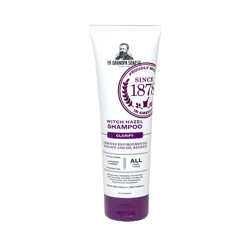 Tube of handcrafted witch hazel shampoo with lavender and coconut oil, designed for gentle daily use to clarify and remove buildup, featured in Health & Wellness and Grooming collections.