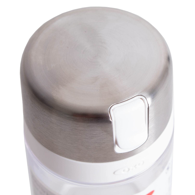 Close-up of the stainless steel lid with white flip-top spout on a clear glass sugar dispenser designed to minimize moisture and prevent clumping, ideal for Kitchen & Food, Kitchen Gadgets, and Storage collections.