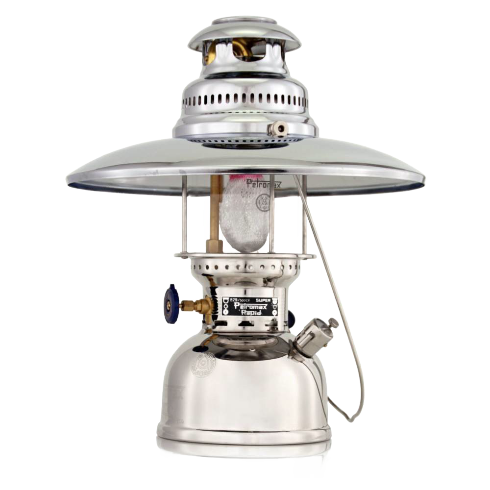 Polished metal top reflector installed on a classic petromax pressure lamp, designed to enhance and direct light downward, suitable for lamps & lighting and best sellers collections.