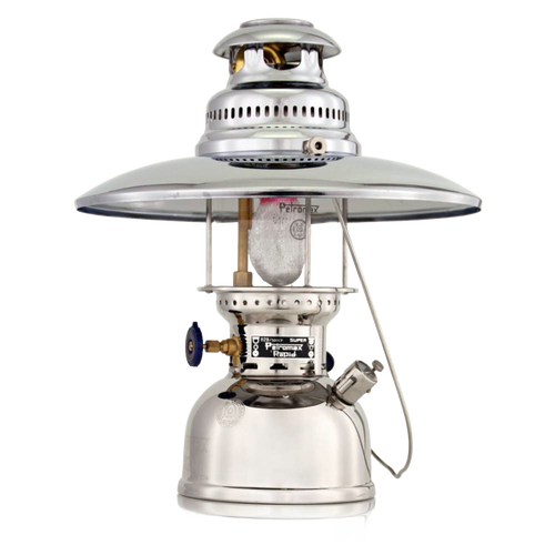 Polished metal top reflector installed on a classic petromax pressure lamp, designed to enhance and direct light downward, suitable for lamps & lighting and best sellers collections.
