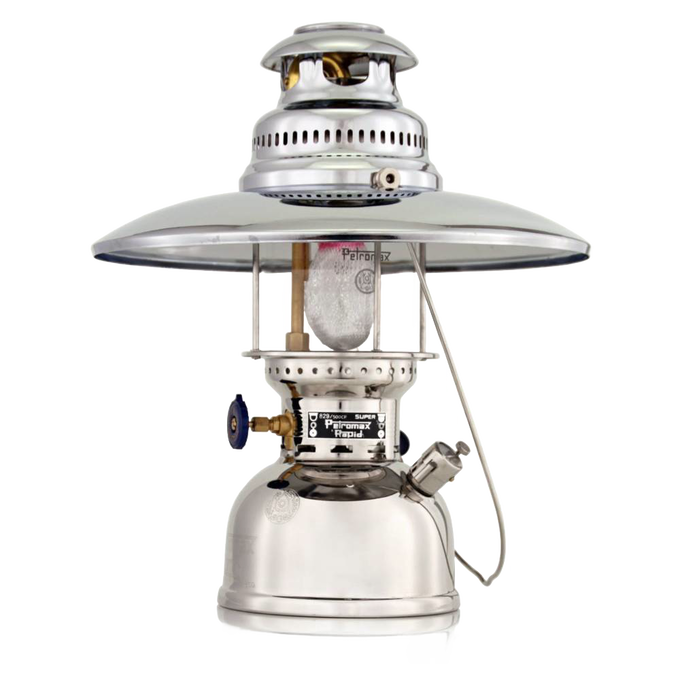 Polished metal top reflector installed on a classic petromax pressure lamp, designed to enhance and direct light downward, suitable for lamps & lighting and best sellers collections.