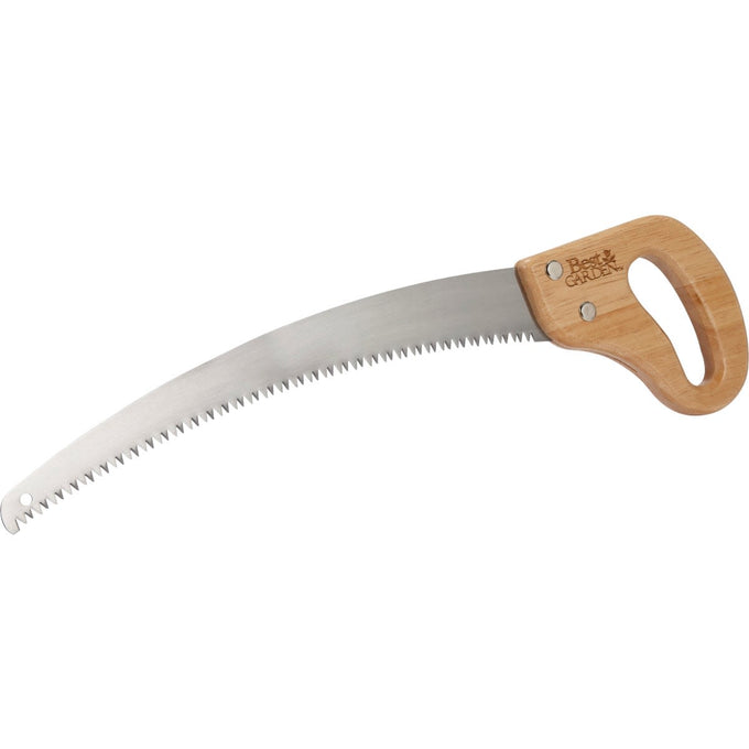 Curved pruning saw with a 16-inch steel blade and hardwood loop handle featuring nut and bolt fasteners, designed for Farm, Garden & Tool, Hand Tools, and Lawncare collections.