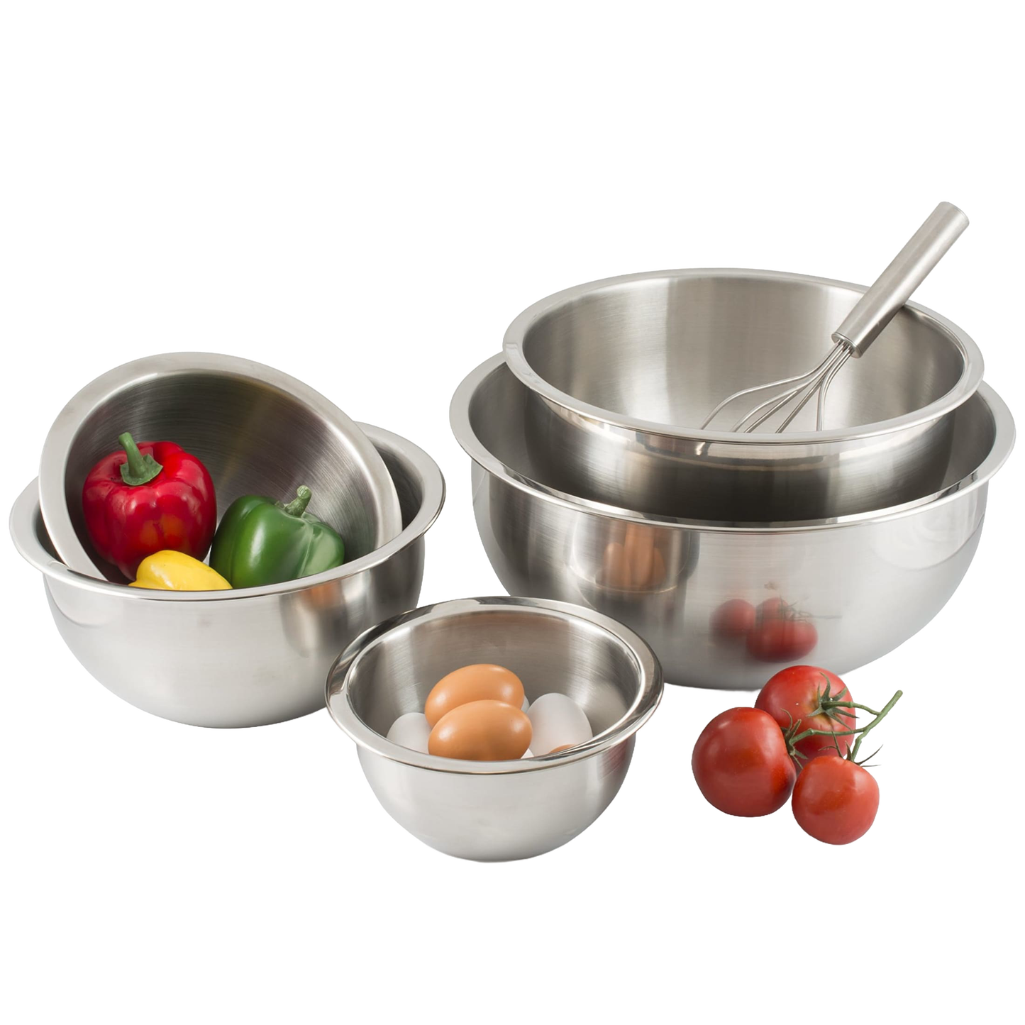 Set of five durable stainless steel mixing bowls with weighted flat bottoms and extra-wide lips, some filled with fresh vegetables and eggs, paired with a whisk, suited for Kitchen & Food, Cookware, Baking Supplies, Holiday Hosting, Storage and Serving, Best Sellers, and Bread Making Supplies collections.
