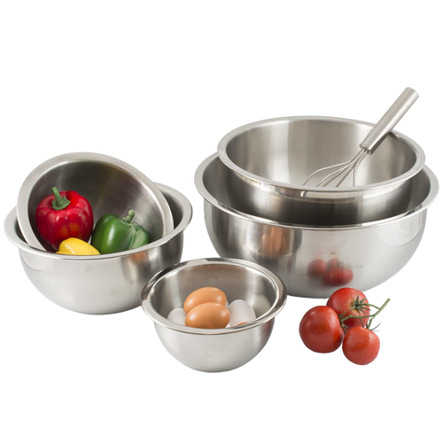 Set of five durable stainless steel mixing bowls with weighted flat bottoms and extra-wide lips, some filled with fresh vegetables and eggs, paired with a whisk, suited for Kitchen & Food, Cookware, Baking Supplies, Holiday Hosting, Storage and Serving, Best Sellers, and Bread Making Supplies collections.
