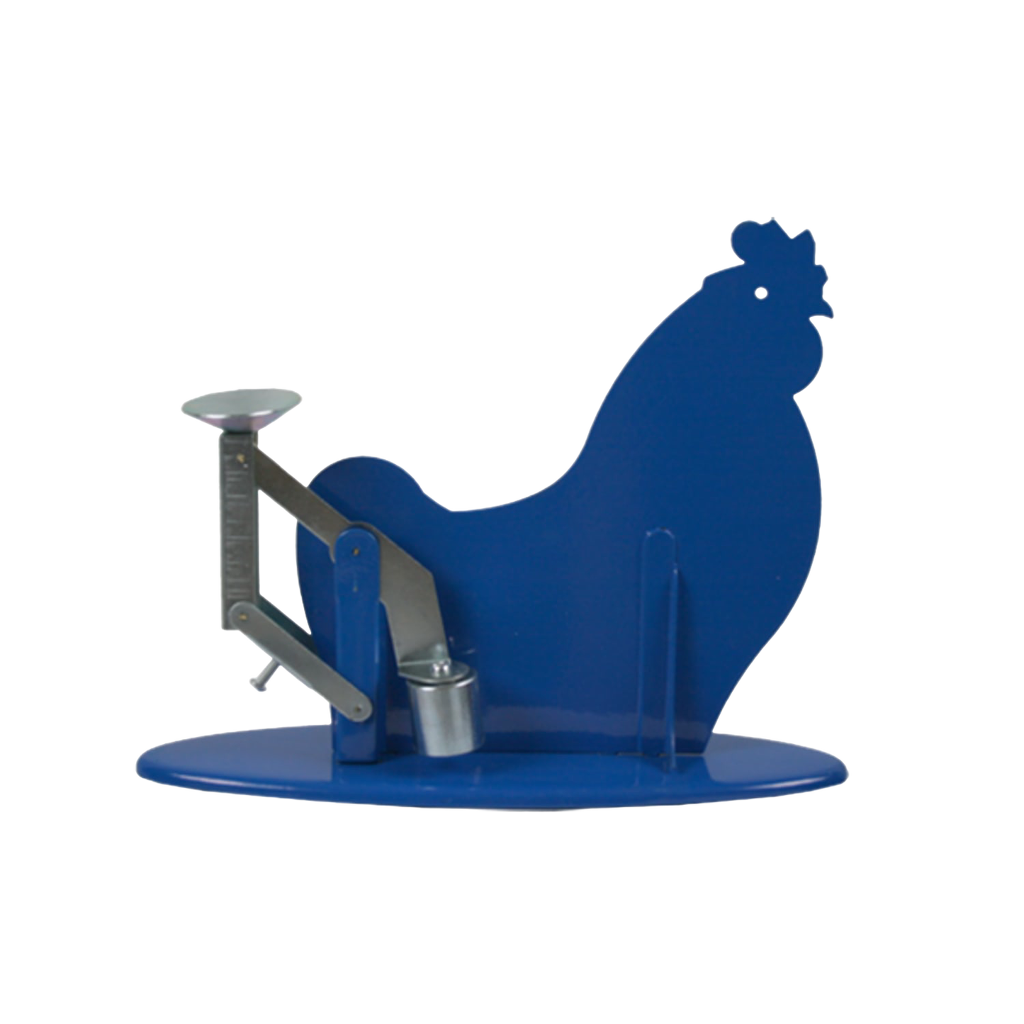 Handcrafted blue metal gravity-operated egg scale shaped like a chicken, designed for weighing and grading eggs in ounces and grams, ideal for Farm, Garden & Tool and Animal Care collections.