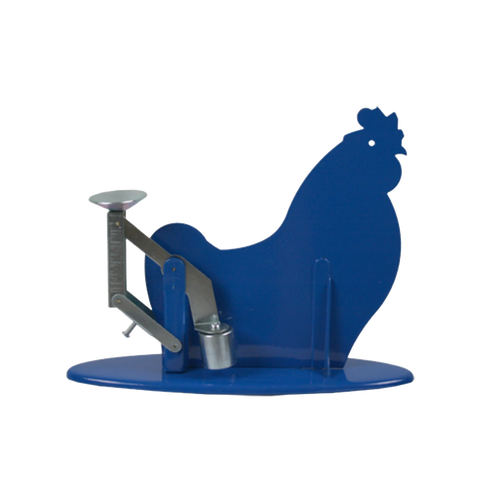 Handcrafted blue metal gravity-operated egg scale shaped like a chicken, designed for weighing and grading eggs in ounces and grams, ideal for Farm, Garden & Tool and Animal Care collections.