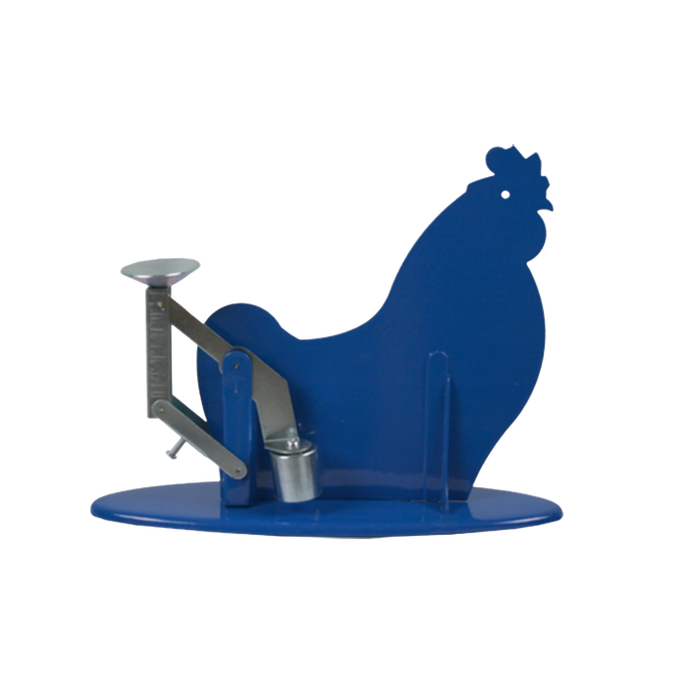 Handcrafted blue metal gravity-operated egg scale shaped like a chicken, designed for weighing and grading eggs in ounces and grams, ideal for Farm, Garden & Tool and Animal Care collections.