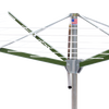 Close-up of a handcrafted rotating clothes dryer with metal frame and green wooden arms, featuring a Made in USA label, suited for Home & Decor, Laundry Supplies, and Clothesline Accessories collections.