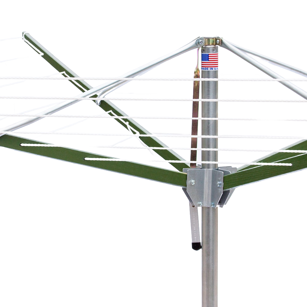 Close-up of a handcrafted rotating clothes dryer with metal frame and green wooden arms, featuring a Made in USA label, suited for Home & Decor, Laundry Supplies, and Clothesline Accessories collections.