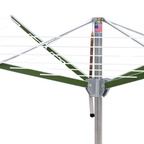 Close-up of a handcrafted rotating clothes dryer with metal frame and green wooden arms, featuring a Made in USA label, suited for Home & Decor, Laundry Supplies, and Clothesline Accessories collections.