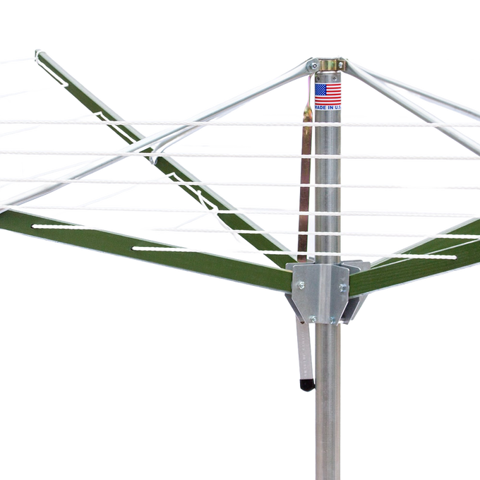 Close-up of a handcrafted rotating clothes dryer with metal frame and green wooden arms, featuring a Made in USA label, suited for Home & Decor, Laundry Supplies, and Clothesline Accessories collections.