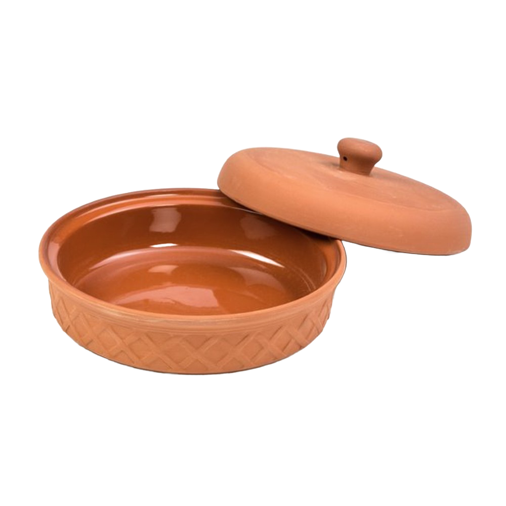 Handcrafted terra cotta tortilla warmer with a glazed interior and decorative exterior pattern, designed to keep tortillas warm and moist, featured in Kitchen & Food, Storage and Serving, Best Sellers, and Promo Eligible collections.