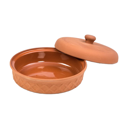 Handcrafted terra cotta tortilla warmer with a glazed interior and decorative exterior pattern, designed to keep tortillas warm and moist, featured in Kitchen & Food, Storage and Serving, Best Sellers, and Promo Eligible collections.