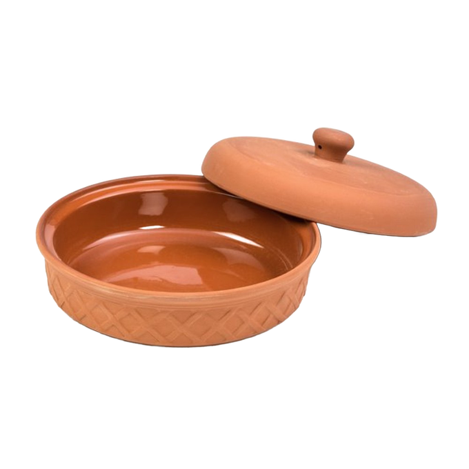 Handcrafted terra cotta tortilla warmer with a glazed interior and decorative exterior pattern, designed to keep tortillas warm and moist, featured in Kitchen & Food, Storage and Serving, Best Sellers, and Promo Eligible collections.