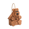 Handcrafted wooden birdhouse shaped like a friendly bear with a rope hanger, featuring a metal perch and finished with soy-base, part of Amish Made and USA Made garden accessories collections.