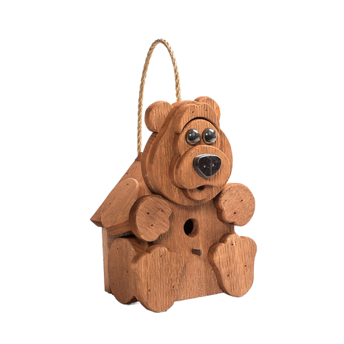 Handcrafted wooden birdhouse shaped like a friendly bear with a rope hanger, featuring a metal perch and finished with soy-base, part of Amish Made and USA Made garden accessories collections.